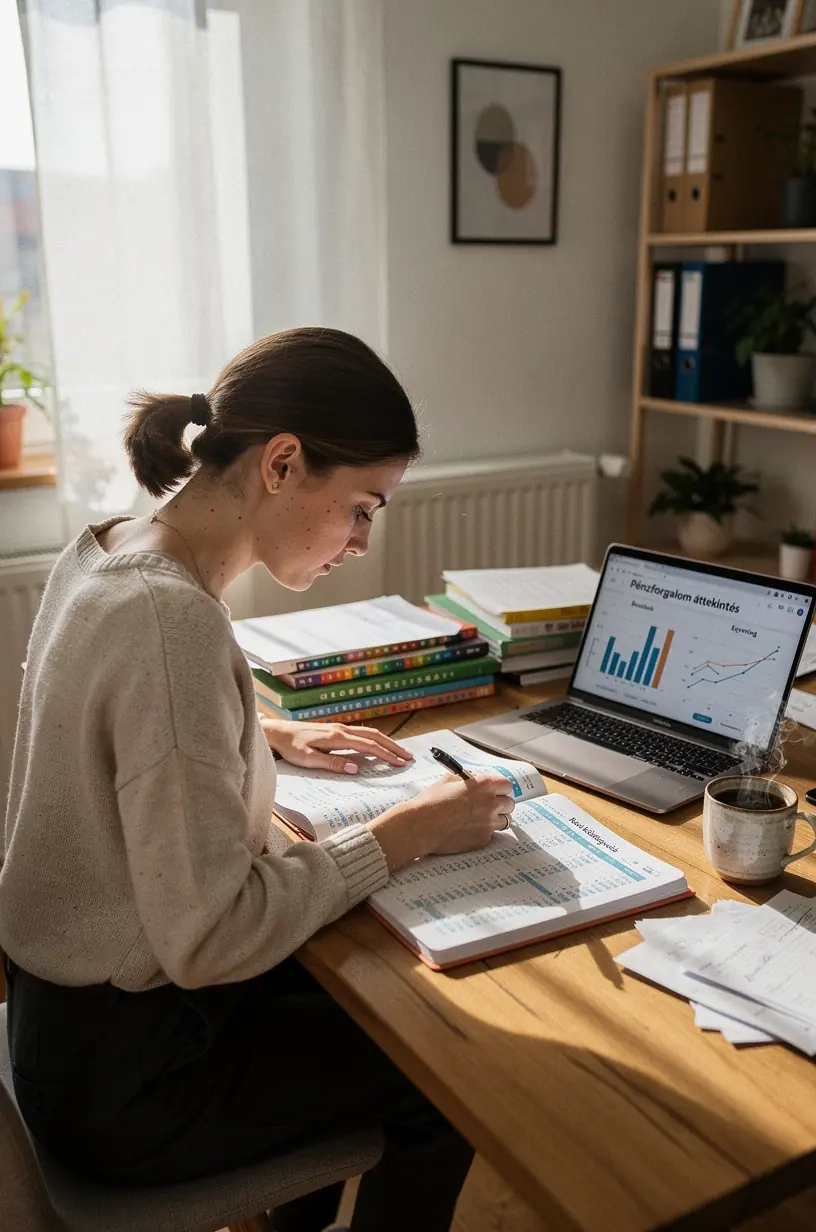 Kézi pénzügyi napló és számviteli könyv egy asztalon, amely segíti a személyes pénzáramlás kezelését és a költségvetés átláthatóságát.